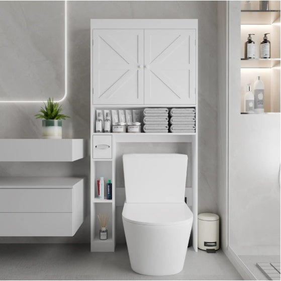 Front view of white farmhouse over-the-toilet storage cabinet with two doors