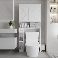 Front view of white farmhouse over-the-toilet storage cabinet with two doors