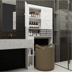 Lifestyle image of farmhouse cabinet styled with toiletries and decorations