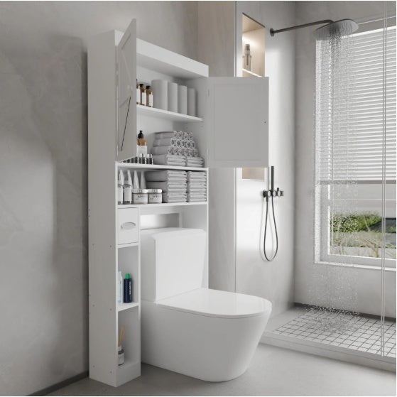 Over-the-toilet storage cabinet with doors open, shelves organized with towels