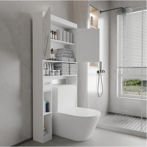 Over-the-toilet storage cabinet with doors open, shelves organized with towels