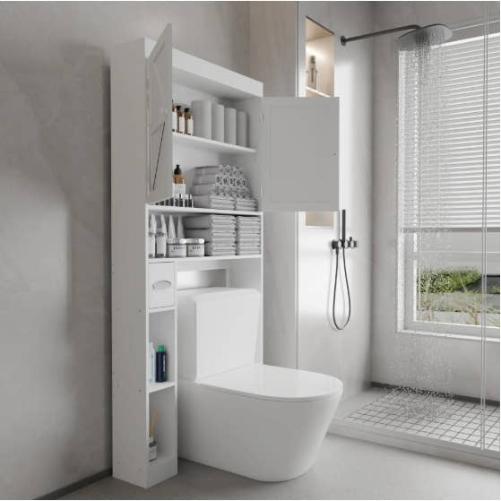 Side angle view of over-the-toilet cabinet showing slim space-saving design