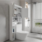 Side angle view of over-the-toilet cabinet showing slim space-saving design